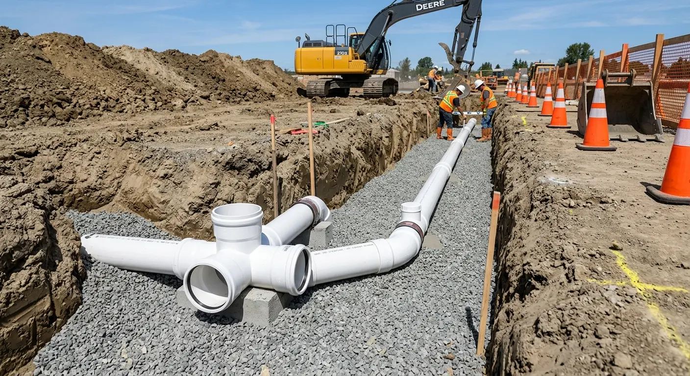 New PVC sewer pipe installation in open trench for Commercial Drain Cleaning in Sun City West