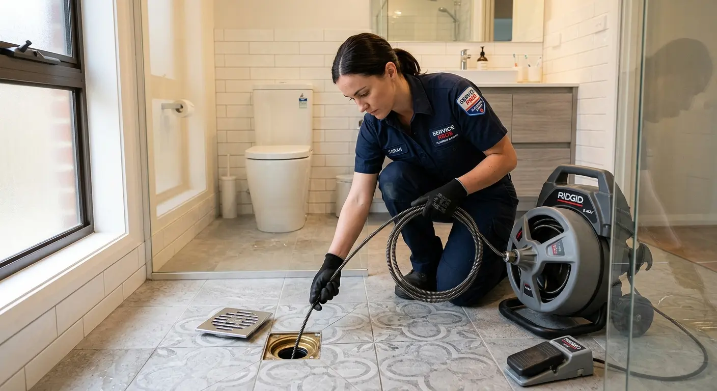 Technician clearing a bathroom floor drain for Drain Repair in Sun City West